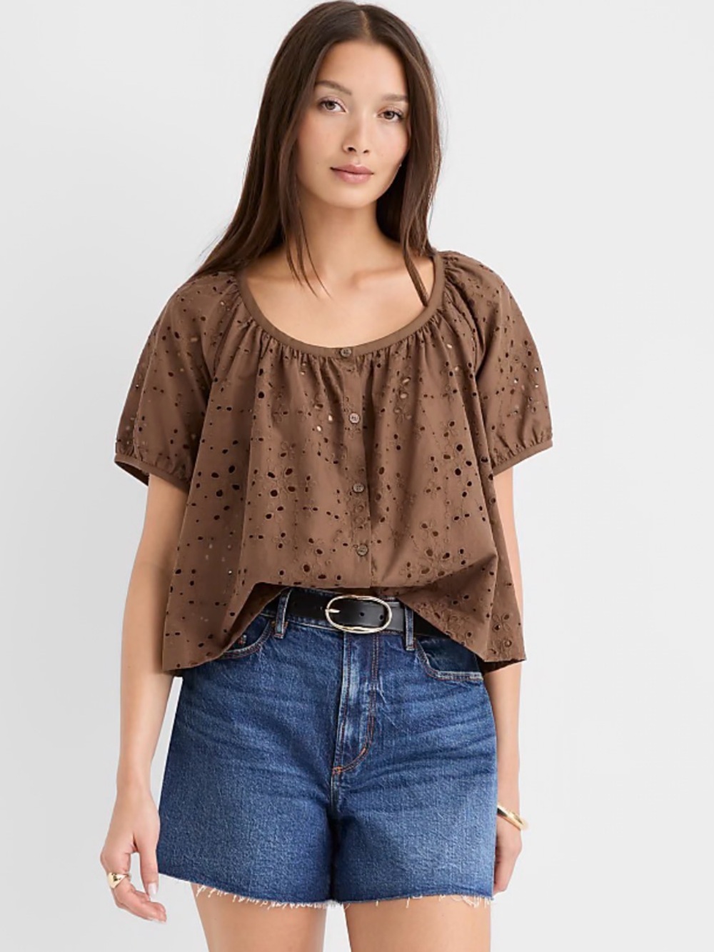 LOFT Brown Eyelet Puff-Sleeve Top Medium 100% Cotton NWT